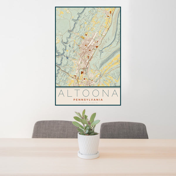 24x36 Altoona Pennsylvania Map Print Portrait Orientation in Woodblock Style Behind 2 Chairs Table and Potted Plant