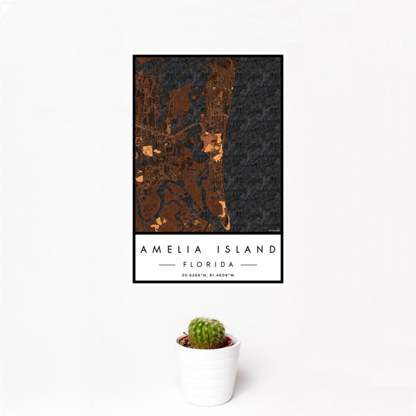 12x18 Amelia Island Florida Map Print Portrait Orientation in Ember Style With Small Cactus Plant in White Planter