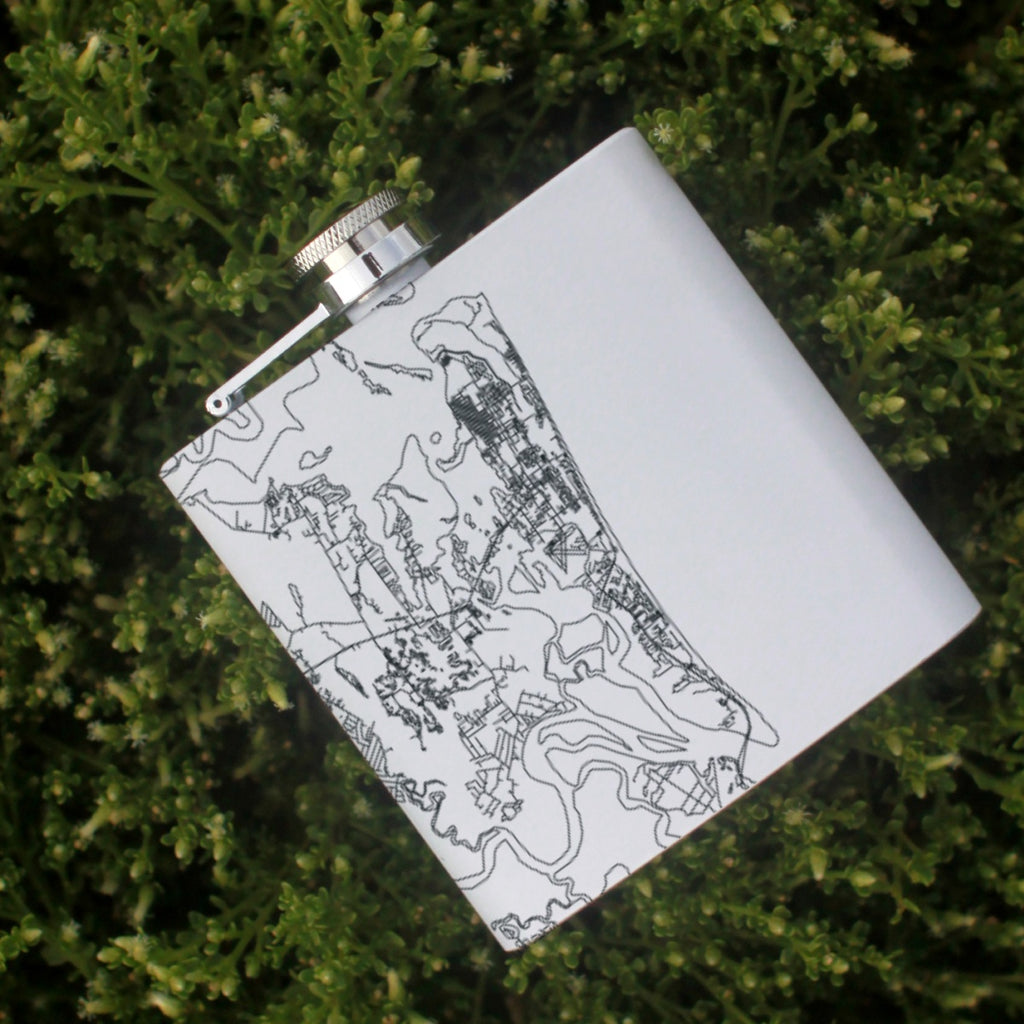 Amelia Island Florida Custom Engraved City Map Inscription Coordinates on 6oz Stainless Steel Flask in White