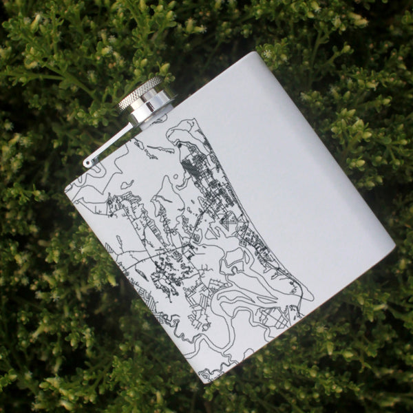 Amelia Island Florida Custom Engraved City Map Inscription Coordinates on 6oz Stainless Steel Flask in White