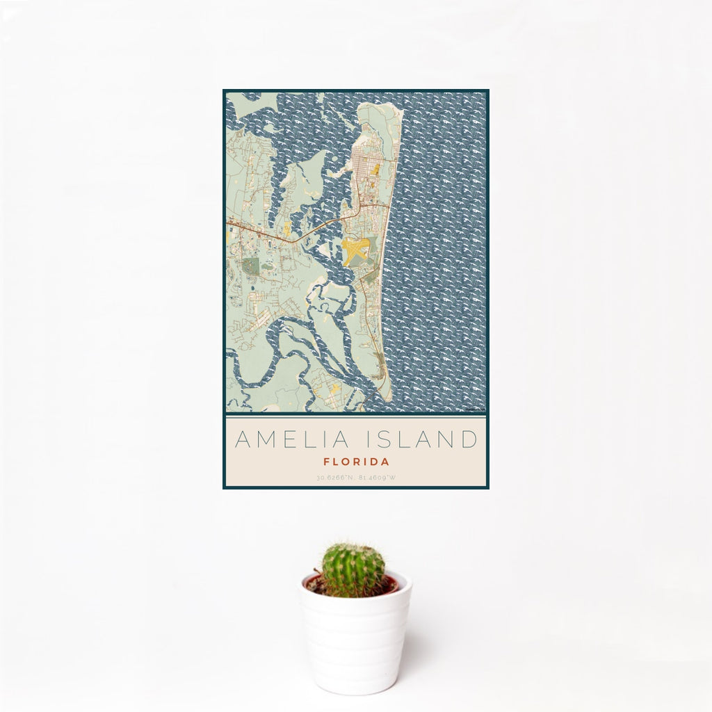 12x18 Amelia Island Florida Map Print Portrait Orientation in Woodblock Style With Small Cactus Plant in White Planter