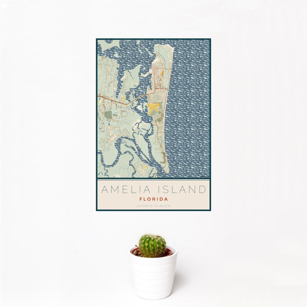 12x18 Amelia Island Florida Map Print Portrait Orientation in Woodblock Style With Small Cactus Plant in White Planter