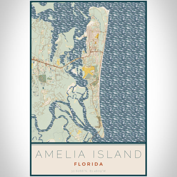 Amelia Island Florida Map Print Portrait Orientation in Woodblock Style With Shaded Background