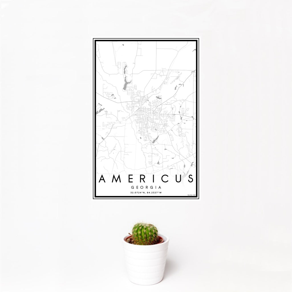 12x18 Americus Georgia Map Print Portrait Orientation in Classic Style With Small Cactus Plant in White Planter