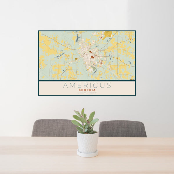 24x36 Americus Georgia Map Print Lanscape Orientation in Woodblock Style Behind 2 Chairs Table and Potted Plant