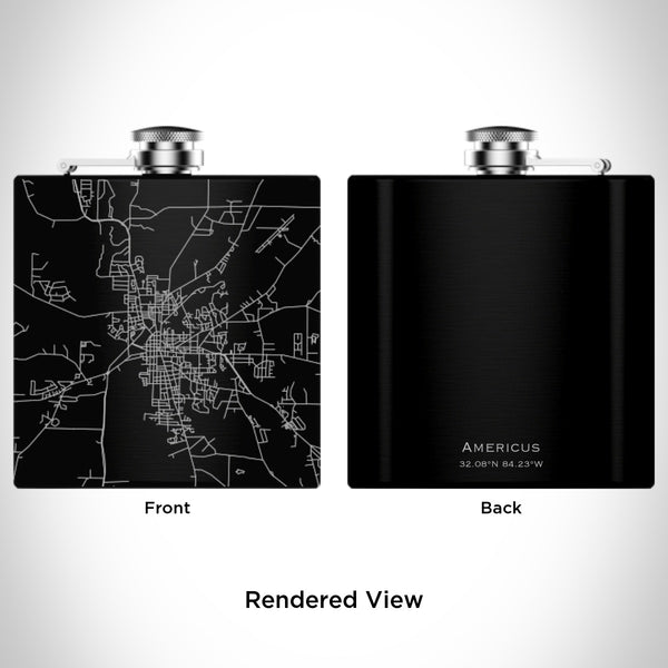 Rendered View of Americus Georgia Map Engraving on 6oz Stainless Steel Flask in Black