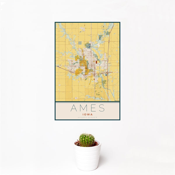Ames - Iowa Map Print in Woodblock