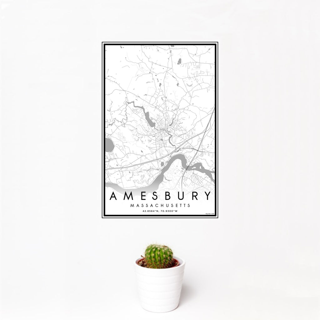 12x18 Amesbury Massachusetts Map Print Portrait Orientation in Classic Style With Small Cactus Plant in White Planter