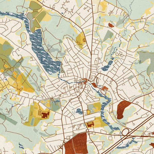 Amesbury Massachusetts Map Print in Woodblock Style Zoomed In Close Up Showing Details