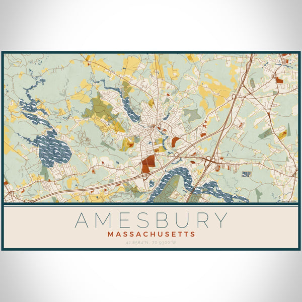 Amesbury Massachusetts Map Print Landscape Orientation in Woodblock Style With Shaded Background