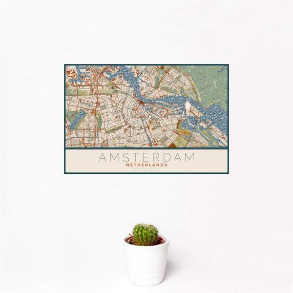 12x18 Amsterdam Netherlands Map Print Landscape Orientation in Woodblock Style With Small Cactus Plant in White Planter