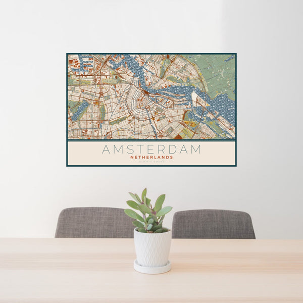 24x36 Amsterdam Netherlands Map Print Lanscape Orientation in Woodblock Style Behind 2 Chairs Table and Potted Plant