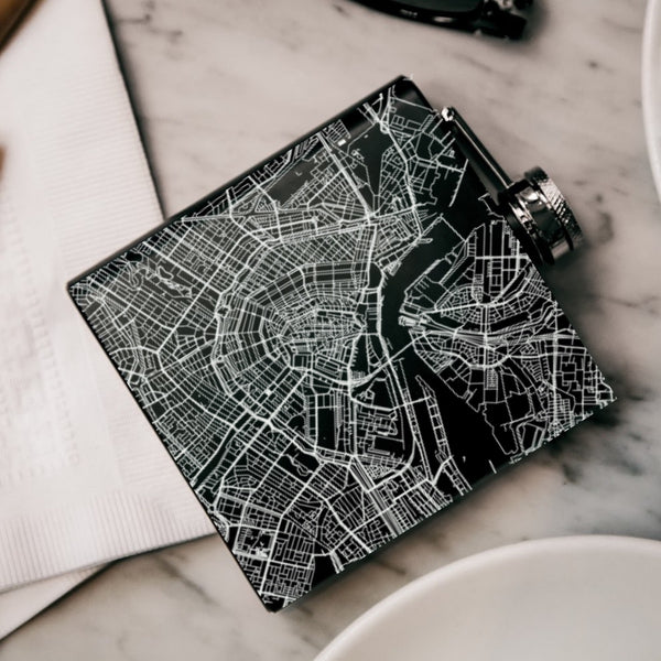 Amsterdam Netherlands Custom Engraved City Map Inscription Coordinates on 6oz Stainless Steel Flask in Black