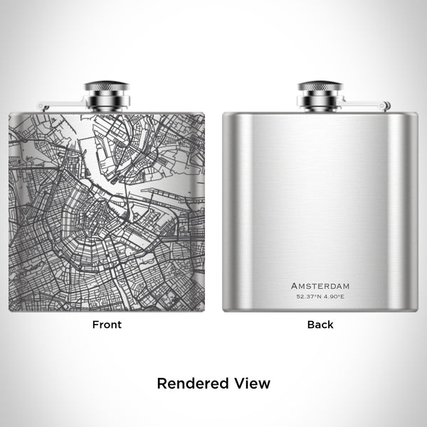 Rendered View of Amsterdam Netherlands Map Engraving on 6oz Stainless Steel Flask