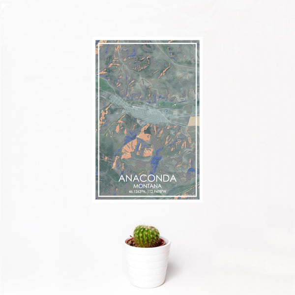 12x18 Anaconda Montana Map Print Portrait Orientation in Afternoon Style With Small Cactus Plant in White Planter