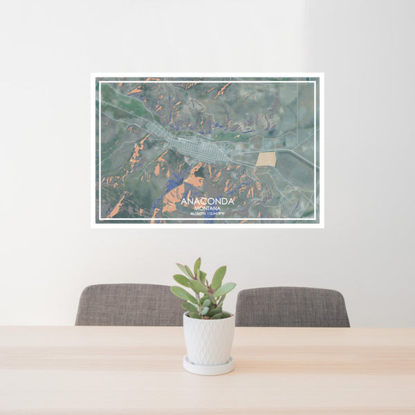 24x36 Anaconda Montana Map Print Lanscape Orientation in Afternoon Style Behind 2 Chairs Table and Potted Plant