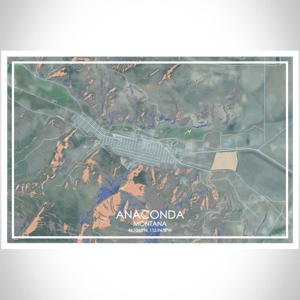 Anaconda Montana Map Print Landscape Orientation in Afternoon Style With Shaded Background