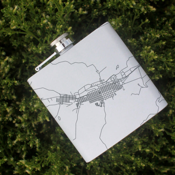 Anaconda Montana Custom Engraved City Map Inscription Coordinates on 6oz Stainless Steel Flask in White