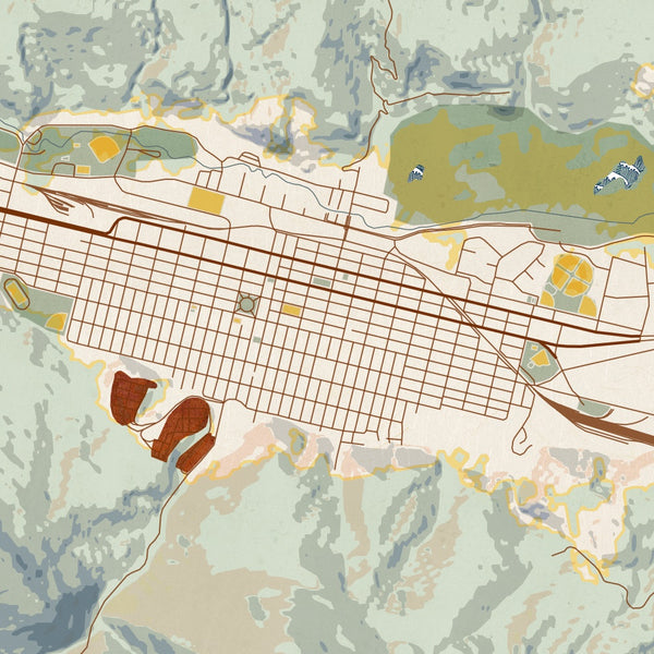 Anaconda - Montana Map Print in Woodblock