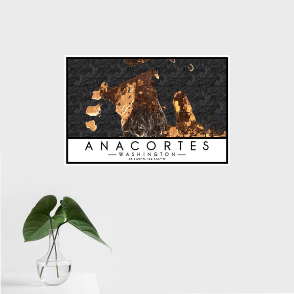 16x24 Anacortes Washington Map Print Landscape Orientation in Ember Style With Tropical Plant Leaves in Water