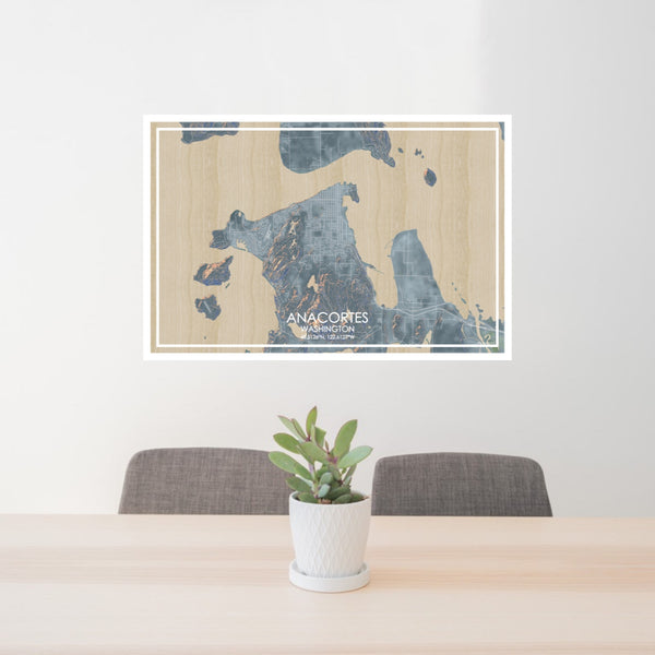 24x36 Anacortes Washington Map Print Lanscape Orientation in Afternoon Style Behind 2 Chairs Table and Potted Plant