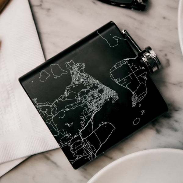 Anacortes Washington Custom Engraved City Map Inscription Coordinates on 6oz Stainless Steel Flask in Black