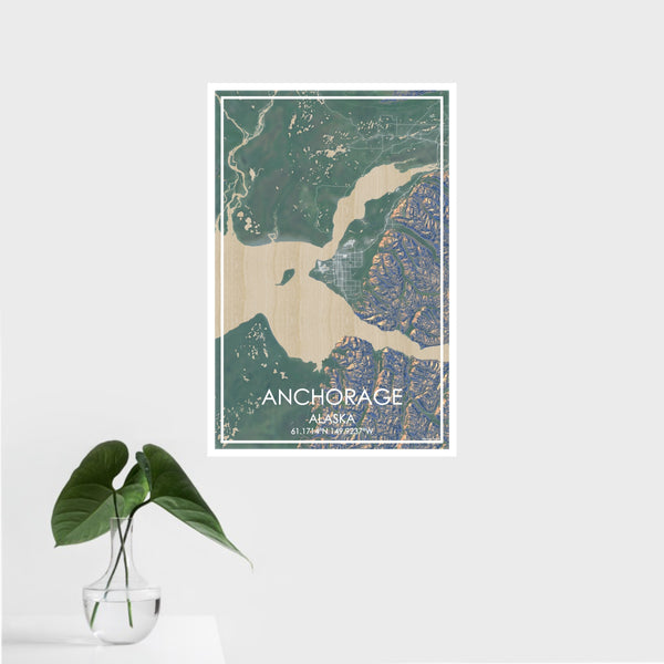 16x24 Anchorage Alaska Map Print Portrait Orientation in Afternoon Style With Tropical Plant Leaves in Water