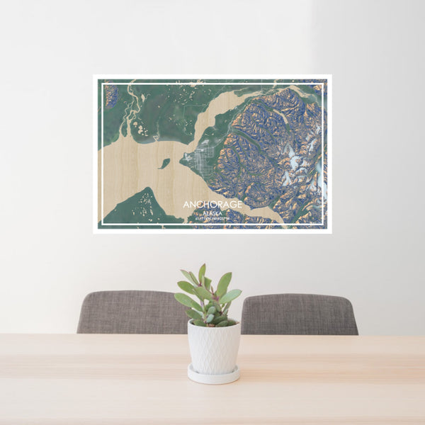 24x36 Anchorage Alaska Map Print Lanscape Orientation in Afternoon Style Behind 2 Chairs Table and Potted Plant