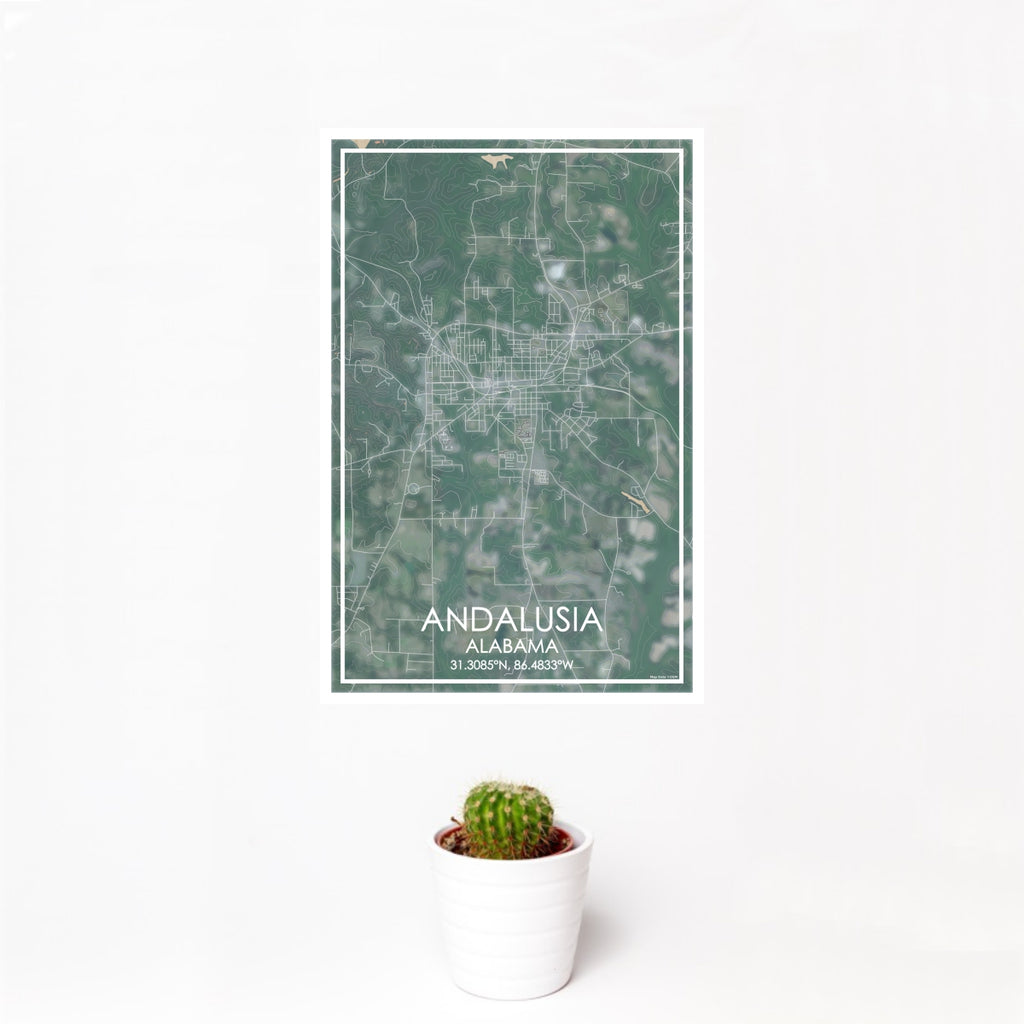 12x18 Andalusia Alabama Map Print Portrait Orientation in Afternoon Style With Small Cactus Plant in White Planter