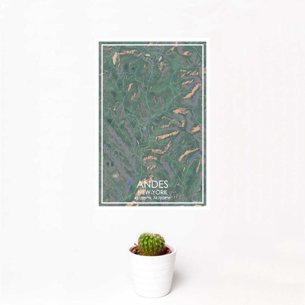 12x18 Andes New York Map Print Portrait Orientation in Afternoon Style With Small Cactus Plant in White Planter