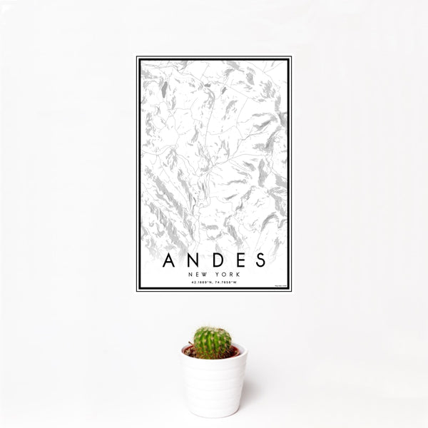 12x18 Andes New York Map Print Portrait Orientation in Classic Style With Small Cactus Plant in White Planter