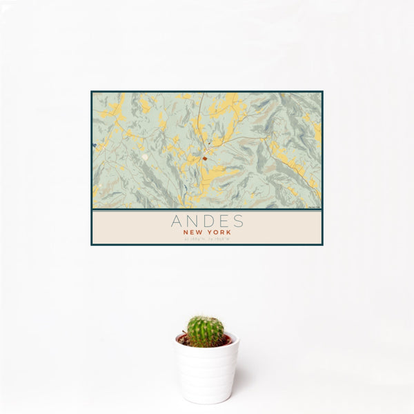 12x18 Andes New York Map Print Landscape Orientation in Woodblock Style With Small Cactus Plant in White Planter