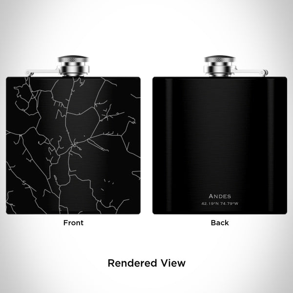 Rendered View of Andes New York Map Engraving on 6oz Stainless Steel Flask in Black