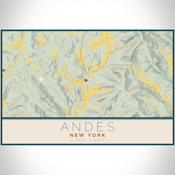 Andes New York Map Print Landscape Orientation in Woodblock Style With Shaded Background