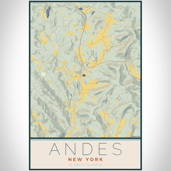 Andes New York Map Print Portrait Orientation in Woodblock Style With Shaded Background