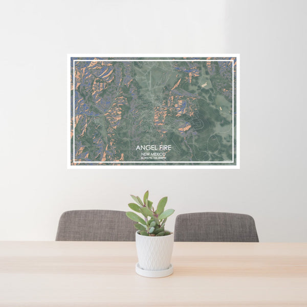 24x36 Angel Fire New Mexico Map Print Lanscape Orientation in Afternoon Style Behind 2 Chairs Table and Potted Plant
