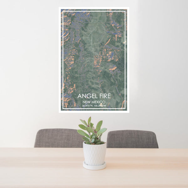 24x36 Angel Fire New Mexico Map Print Portrait Orientation in Afternoon Style Behind 2 Chairs Table and Potted Plant
