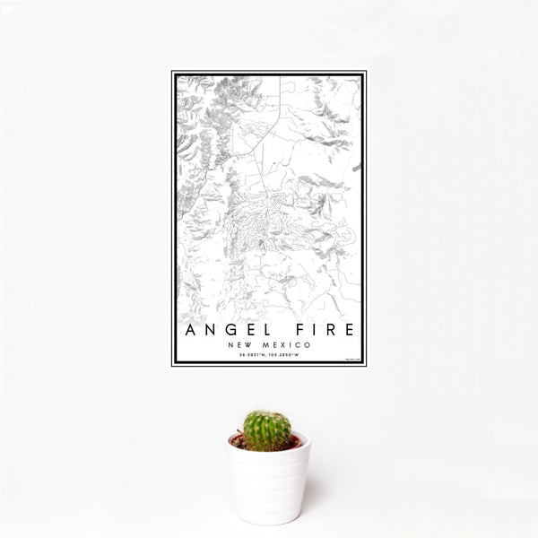 12x18 Angel Fire New Mexico Map Print Portrait Orientation in Classic Style With Small Cactus Plant in White Planter