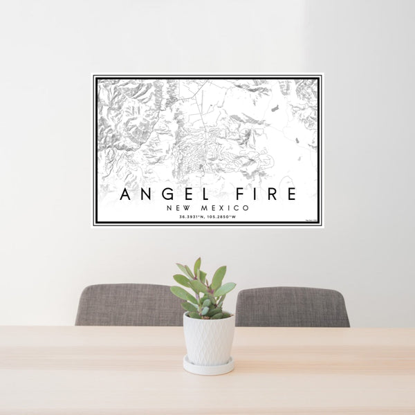 24x36 Angel Fire New Mexico Map Print Landscape Orientation in Classic Style Behind 2 Chairs Table and Potted Plant