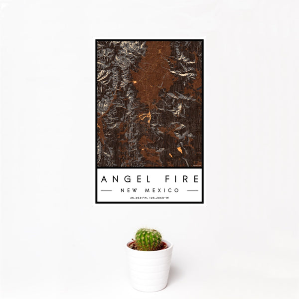 12x18 Angel Fire New Mexico Map Print Portrait Orientation in Ember Style With Small Cactus Plant in White Planter