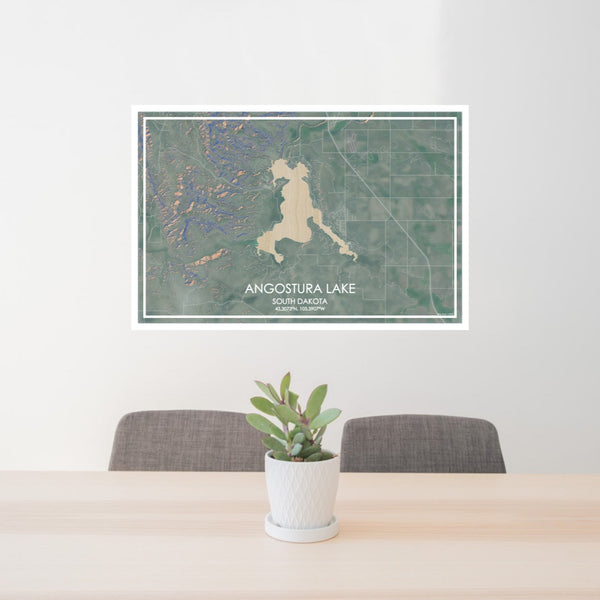24x36 Angostura Lake South Dakota Map Print Lanscape Orientation in Afternoon Style Behind 2 Chairs Table and Potted Plant