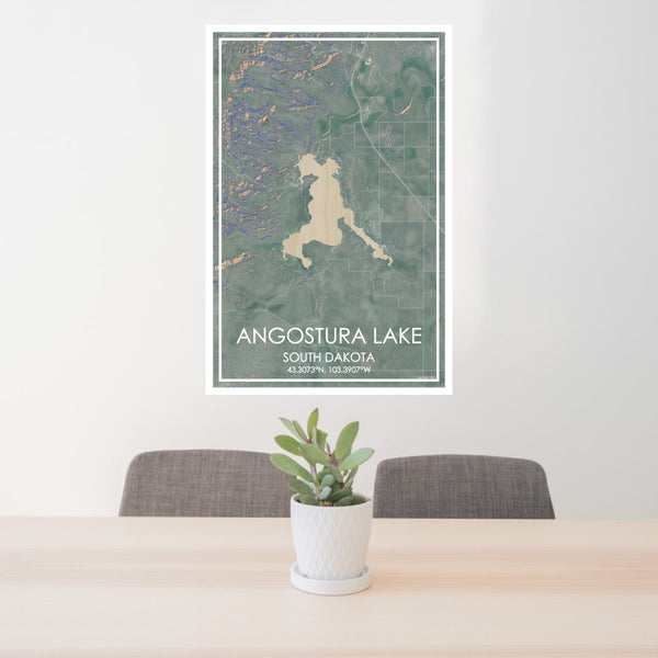 24x36 Angostura Lake South Dakota Map Print Portrait Orientation in Afternoon Style Behind 2 Chairs Table and Potted Plant