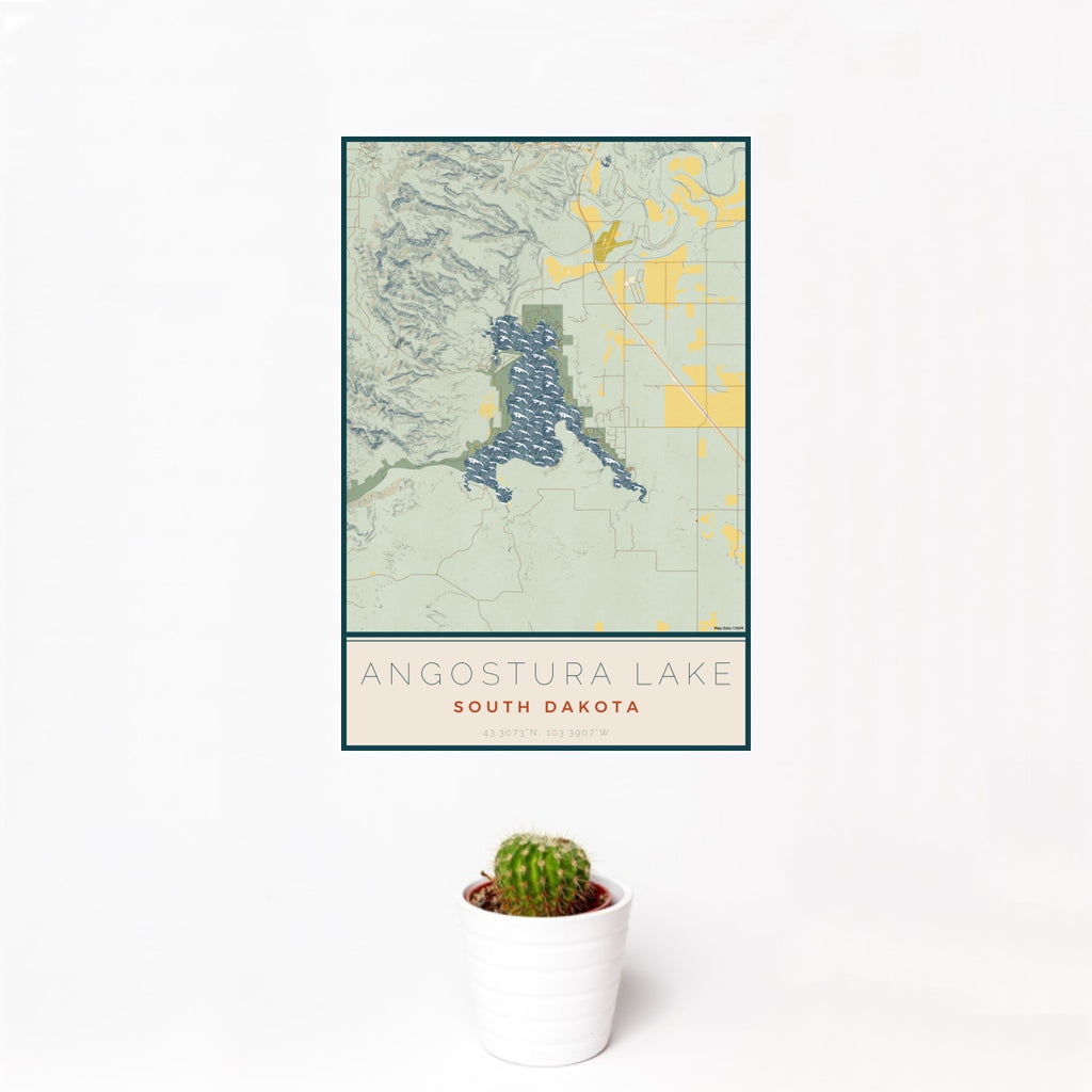Angostura Lake - South Dakota Map Print in Woodblock