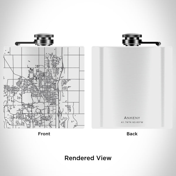 Rendered View of Ankeny Iowa Map Engraving on 6oz Stainless Steel Flask in White