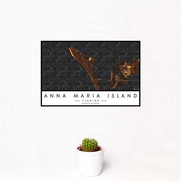12x18 Anna Maria Island Florida Map Print Landscape Orientation in Ember Style With Small Cactus Plant in White Planter