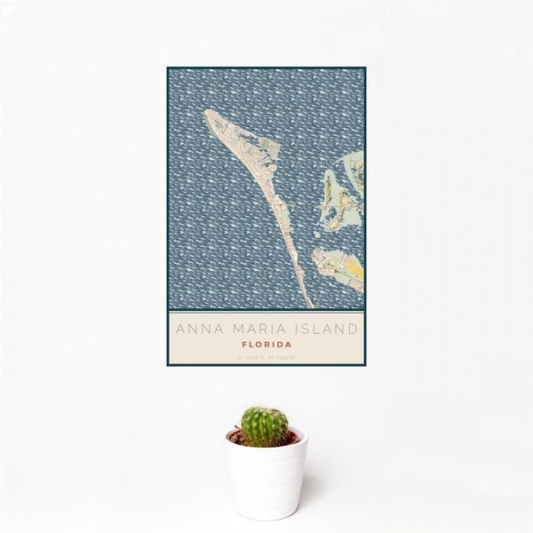 12x18 Anna Maria Island Florida Map Print Portrait Orientation in Woodblock Style With Small Cactus Plant in White Planter