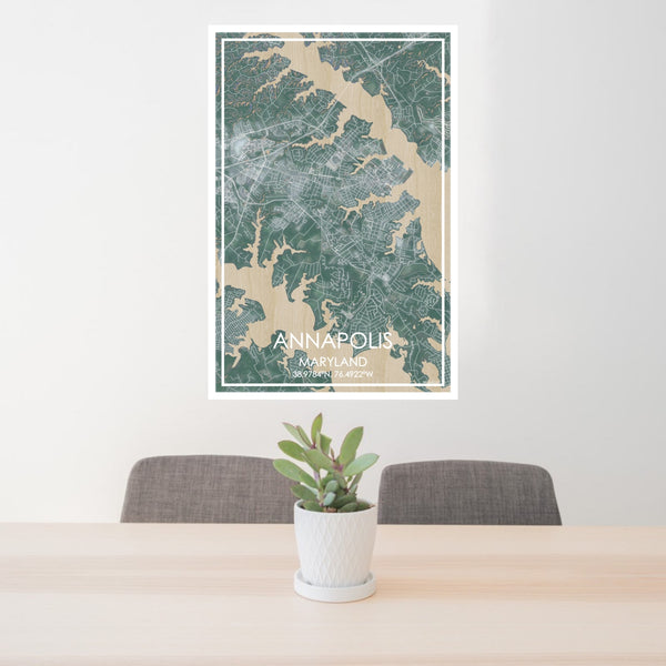 24x36 Annapolis Maryland Map Print Portrait Orientation in Afternoon Style Behind 2 Chairs Table and Potted Plant