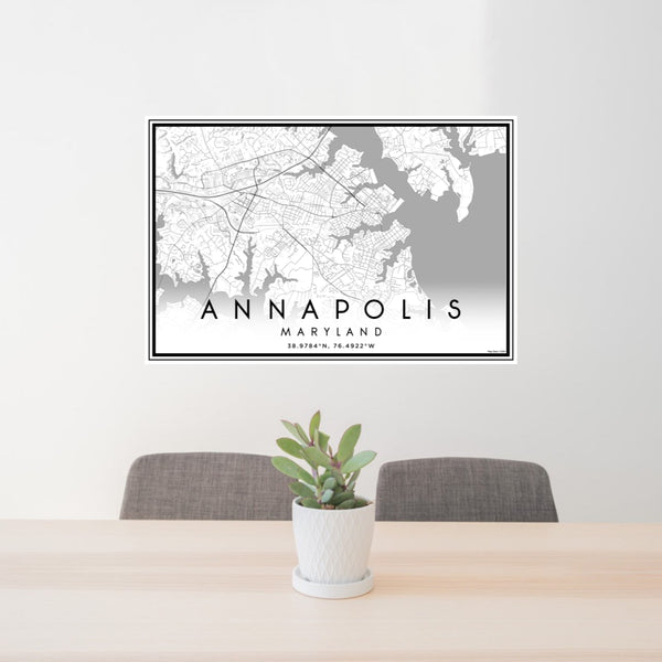 24x36 Annapolis Maryland Map Print Landscape Orientation in Classic Style Behind 2 Chairs Table and Potted Plant
