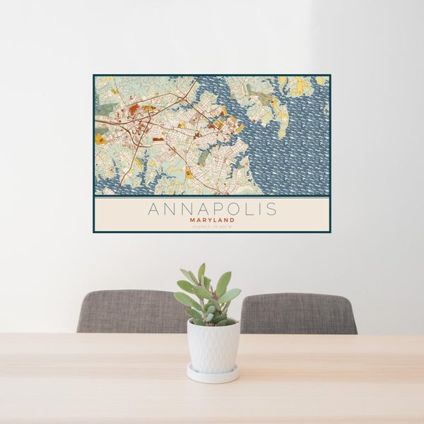 24x36 Annapolis Maryland Map Print Landscape Orientation in Woodblock Style Behind 2 Chairs Table and Potted Plant