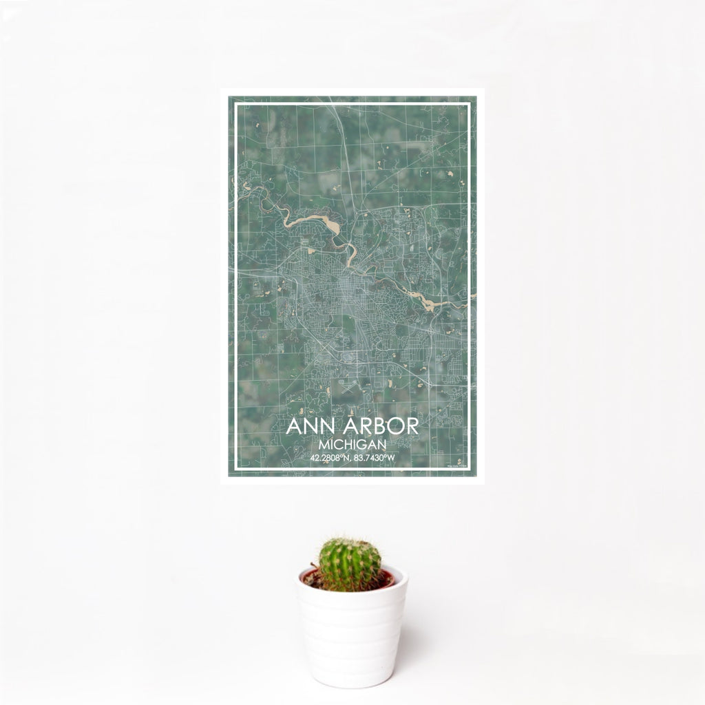 12x18 Ann Arbor Michigan Map Print Portrait Orientation in Afternoon Style With Small Cactus Plant in White Planter